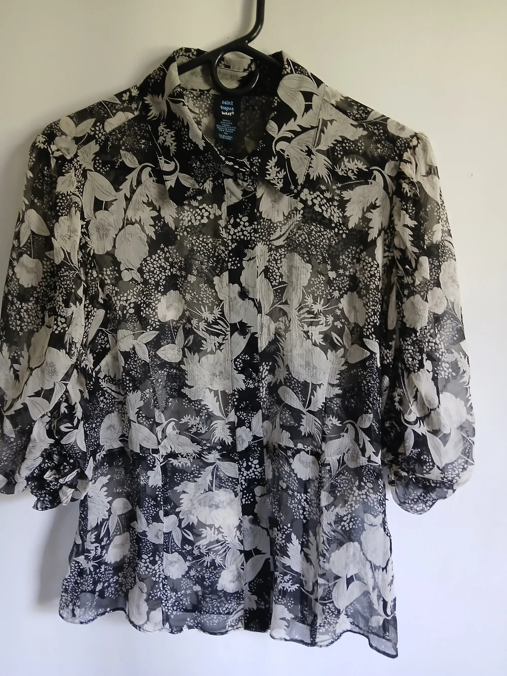 Sheer Black & White Floral Button-Up Blouse 100% Silk SzM Puff Sleeve